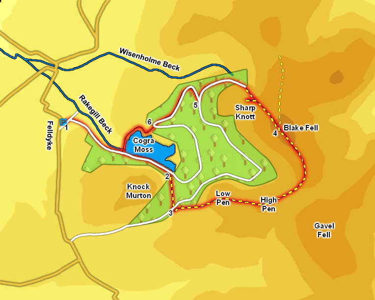 Map for our ascent of Blake Fell